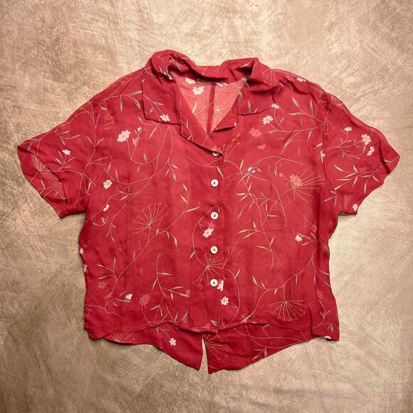 Vintage Y2K Red Floral Mesh Top Button Up Sheer Cap Sleeve Cropped Boho Hippie - Picture 6 of 6